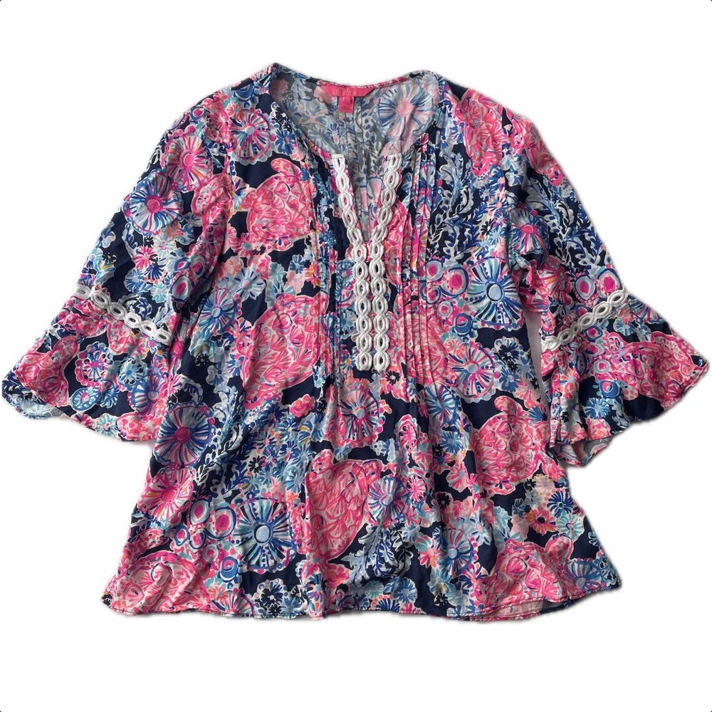 Lilly Pulitzer Hollie Tunic Blouse High Tide Navy Turtle Amazement Size L EUC